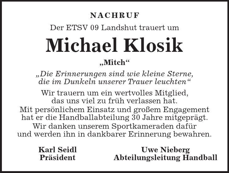Nachruf Der ETSV 09 Landshut trauert um Michael Klosik 