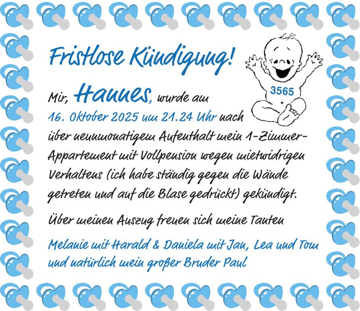 Fristlose Kündigung! Mir, Hannes, wurde am 16. Oktober 2025 um 21.24 Uhr nach über neunmonatigem Aufenthalt mein 1-Zimmer-Appartement mit Vollpension wegen mietwidrigen Verhaltens (ich habe ständig gegen die Wände getreten und auf die Blase gedrückt) gekündigt. Über meinen Auszug freuen sich meine Tanten Melanie mit Harald & Daniela mit Jan, Lea und Tom und natürlich mein großer Bruder Paul 3565
