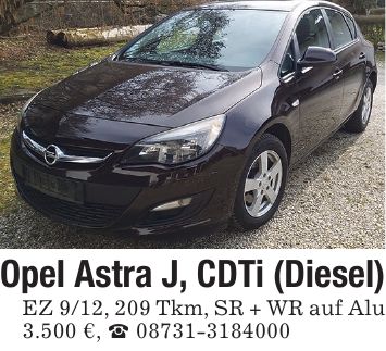 Opel Astra J, CDTi (Diesel) EZ 9/12, 209 Tkm, SR + WR auf Alu 3.500 €, _ ***