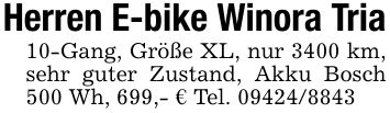 Herren E-bike Winora Tria10-Gang, Größe XL, nur 3400 km, sehr guter Zustand, Akku Bosch 500 Wh, 699,- € Tel. ***