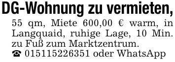 DG-Wohnung zu vermieten,55 qm, Miete 600,00 € warm, in Langquaid, ruhige Lage, 10 Min. zu Fuß zum Marktzentrum._ *** oder WhatsApp