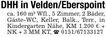 DHH in Velden/Eberspointca. 160 m² Wfl., 5 Zimmer, 2 Bäder, Gäste-WC, Keller, Balk., Terr., in Kindergarten Nähe, KM 1.200 € + NK + 3 MM KT, _ ***