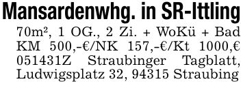 Mansardenwhg. in SR-Ittling70m², 1 OG., 2 Zi. + WoKü + Bad KM 500,-€/NK 157,-€/Kt 1000,€ ***Z Straubinger Tagblatt, Ludwigsplatz 32, 94315 Straubing