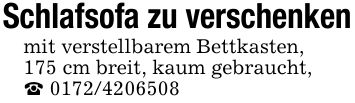 Schlafsofa zu verschenken mit verstellbarem Bettkasten,175 cm breit, kaum gebraucht,_ ***