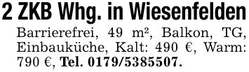 2 ZKB Whg. in WiesenfeldenBarrierefrei, 49 m², Balkon, TG, Einbauküche, Kalt: 490 €, Warm: 790 €, Tel. ***.