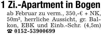 1 Zi.-Apartment in Bogenab Februar zu verm., 350,-€ + NK, 50m², herrliche Aussicht, gr. Balkon, EBK und Einb.-Schr. (4,5m) _ ***