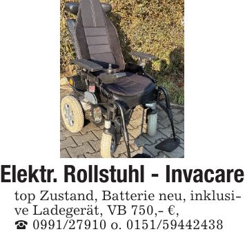 Elektr. Rollstuhl - Invacaretop Zustand, Batterie neu, inklusive Ladegerät, VB 750,- €,_ *** o. ***