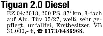 Tiguan 2.0 DieselEZ ***, 200 PS, 87' km, 8-fach auf Alu, Tüv 05/27, weiß, sehr gepflegt, unfallfei, Erstbesitzer, VB 31.000,- €, _ ***.