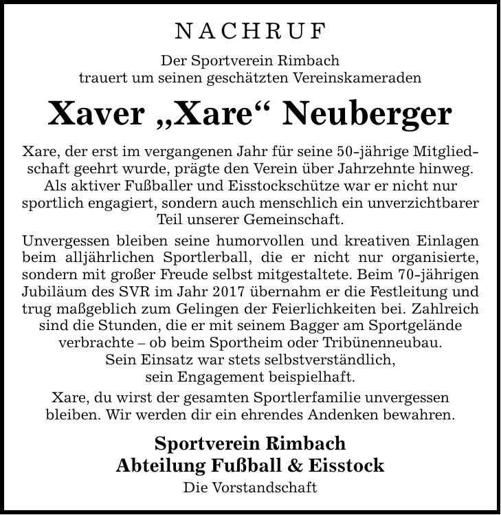 NachrufDer Sportverein Rimbachtrauert um seinen geschätzten Vereinskameraden Xaver 