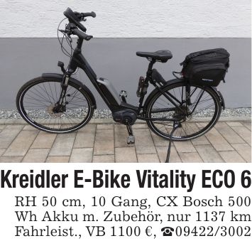 Kreidler E-Bike Vitality ECO 6RH 50 cm, 10 Gang, CX Bosch 500 Wh Akku m. Zubehör, nur 1137 km Fahrleist., VB 1100 €, _***