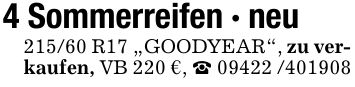 4 Sommerreifen - neu215/60 R17 