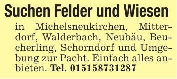Suchen Felder und Wiesen in Michelsneukirchen, Mitterdorf, Walderbach, Neubäu, Beucherling, Schorndorf und Umgebung zur Pacht. Einfach alles anbieten. Tel. ***