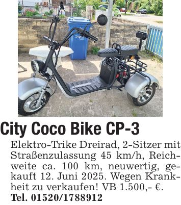 City Coco Bike CP-3Elektro-Trike Dreirad, 2-Sitzer mit Straßenzulassung 45 km/h, Reichweite ca. 100 km, neuwertig, gekauft 12. Juni 2025. Wegen Krankheit zu verkaufen! VB 1.500,- €.Tel. ***