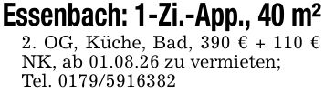 Essenbach: 1-Zi.-App., 40 m²2. OG, Küche, Bad, 390 € + 110 € NK, ab 01.08.26 zu vermieten;Tel. ***