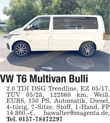 VW T6 Multivan Bulli 2.0 TDI DSG Trendline, EZ 05/17, TÜV 05/28, *** km, Weiß, EUR6, 150 PS, Automatik, Diesel, 4-türig, 7-Sitze, Stoff, 1-Hand, FP 14.800,-€, bawalter@magenta.de, Tel. ***
