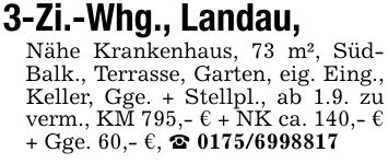 3-Zi.-Whg., Landau,Nähe Krankenhaus, 73 m², Süd- Balk., Terrasse, Garten, eig. Eing., Keller, Gge. + Stellpl., ab 1.9. zu verm., KM 795,- € + NK ca. 140,- € + Gge. 60,- €, _ ***