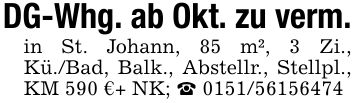 DG-Whg. ab Okt. zu verm.in St. Johann, 85 m², 3 Zi., Kü./Bad, Balk., Abstellr., Stellpl., KM 590 €+ NK; _ ***