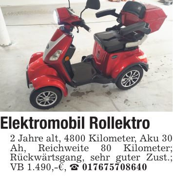 Elektromobil Rollektro 2 Jahre alt, 4800 Kilometer, Aku 30 Ah, Reichweite 80 Kilometer; Rückwärtsgang, sehr guter Zust.; VB 1.490,-€, _ ***