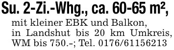Su. 2-Zi.-Whg., ca. 60-65 m², mit kleiner EBK und Balkon,in Landshut bis 20 km Umkreis, WM bis 750.-; Tel. ***