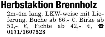Herbstaktion Brennholz2m-4m lang, LKW-weise mit Lieferung. Buche ab 66,- €, Birke ab 50,- €, Fichte ab 42,- €, _ ***