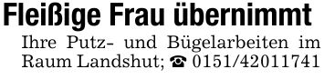 Fleißige Frau übernimmtIhre Putz- und Bügelarbeiten im Raum Landshut; _ ***