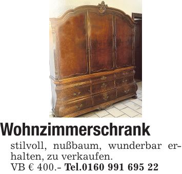 Wohnzimmerschrank stilvoll, nußbaum, wunderbar erhalten, zu verkaufen. VB € 400.- Tel.***