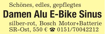 Schönes, edles, gepflegtesDamen Alu E-Bike Sinussilber-rot, Bosch Motor+Batterie SR-Ost, 550 € _ ***