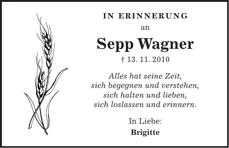 IN Erinnerung an Sepp Wagner + 13. 11. 2010 Alles hat seine Zeit, sich begegnen und verstehen, sich halten und lieben, sich loslassen und erinnern. In Liebe: Brigitte