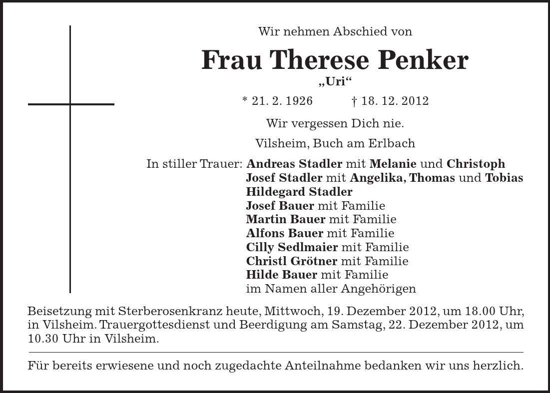 Wir nehmen Abschied von Frau Therese Penker 