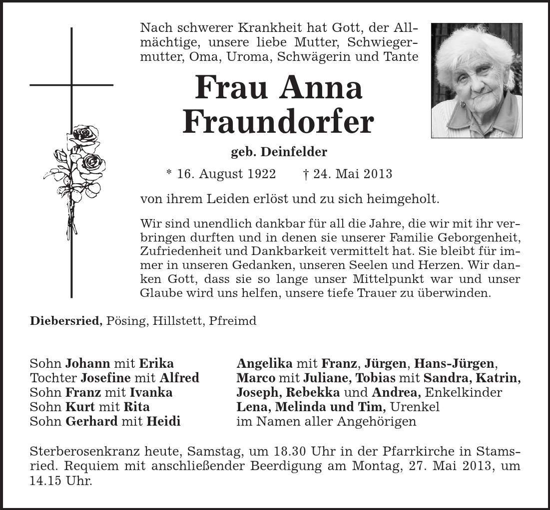 Nach schwerer Krankheit hat Gott, der Allmächtige, unsere liebe Mutter, Schwiegermutter, Oma, Uroma, Schwägerin und Tante Frau Anna Fraundorfer geb. Deinfelder * 16. August 1922 + 24. Mai 2013 von ihrem Leiden erlöst und zu sich heimgeholt. Wir sind unendlich dankbar für all die Jahre, die wir mit ihr verbringen durften und in denen sie unserer Familie Geborgenheit, Zufriedenheit und Dankbarkeit vermittelt hat. Sie bleibt für immer in unseren Gedanken, unseren Seelen und Herzen. Wir danken Gott, dass sie so lange unser Mittelpunkt war und unser Glaube wird uns helfen, unsere tiefe Trauer zu überwinden. Diebersried, Pösing, Hillstett, Pfreimd Sohn Johann mit Erika Angelika mit Franz, Jürgen, Hans-Jürgen, Tochter Josefine mit Alfred Marco mit Juliane, Tobias mit Sandra, Katrin, Sohn Franz mit Ivanka Joseph, Rebekka und Andrea, Enkelkinder Sohn Kurt mit Rita Lena, Melinda und Tim, Urenkel Sohn Gerhard mit Heidi im Namen aller Angehörigen Sterberosenkranz heute, Samstag, um 18.30 Uhr in der Pfarrkirche in Stamsried. Requiem mit anschließender Beerdigung am Montag, 27. Mai 2013, um 14.15 Uhr. 