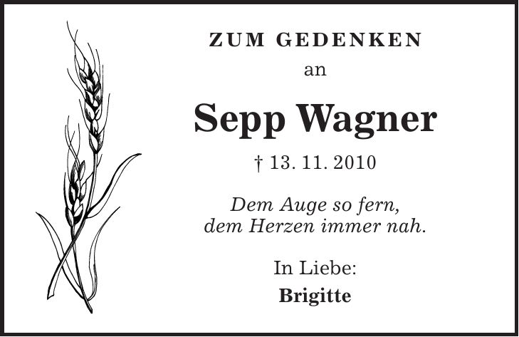 ZUM GEDENKEN an Sepp Wagner + 13. 11. 2010 Dem Auge so fern, dem Herzen immer nah. In Liebe: Brigitte