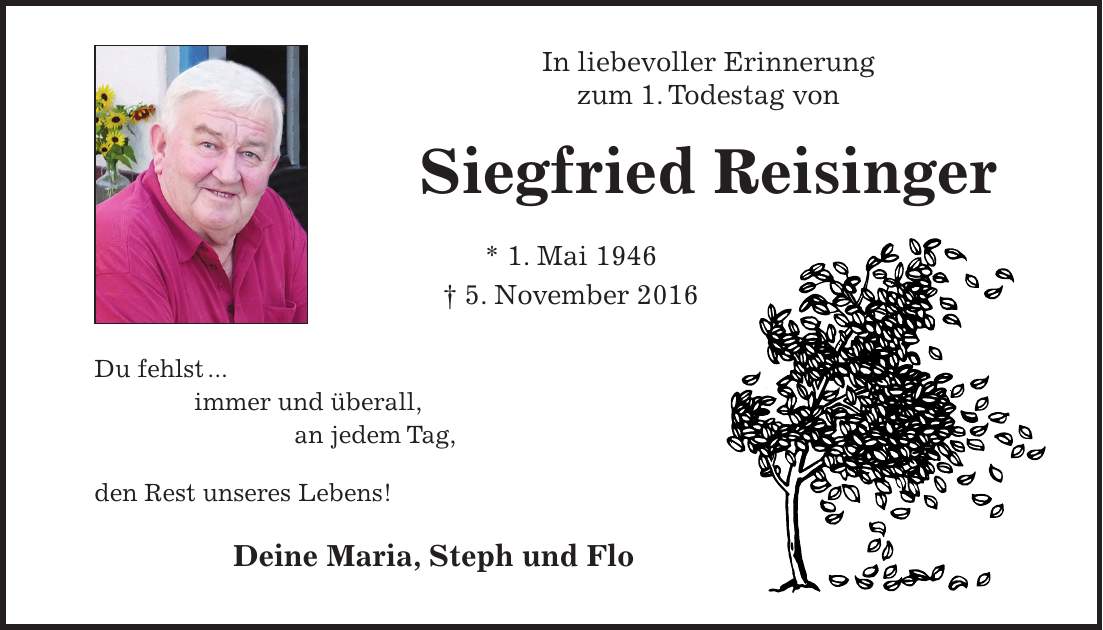 In liebevoller Erinnerung zum 1. Todestag von Siegfried Reisinger * 1. Mai 1946 + 5. November 2016Du fehlst ... immer und überall, an jedem Tag, den Rest unseres Lebens! Deine Maria, Steph und Flo