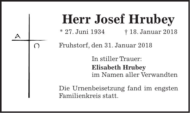 Herr Josef Hrubey * 27. Juni 1934 + 18. Januar 2018 Fruhstorf, den 31. Januar 2018 In stiller Trauer: Elisabeth Hrubey im Namen aller Verwandten Die Urnenbeisetzung fand im engsten Familienkreis statt.