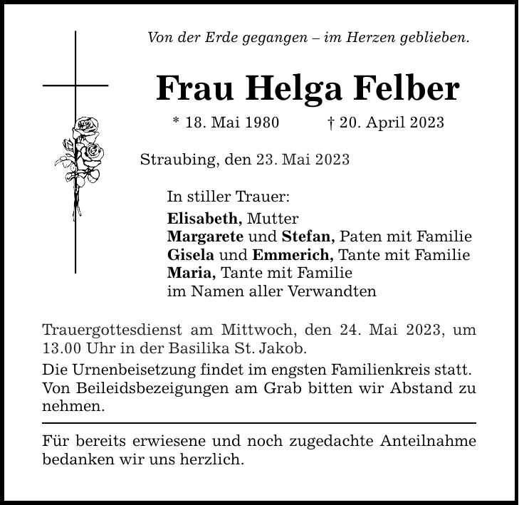 Trauergottesdienst am Mittwoch, den 24. Mai 2023, um 13.00 Uhr in der Basilika St. Jakob.23. Mai 2023