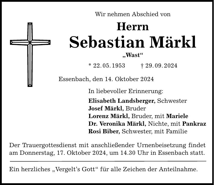 Wir nehmen Abschied von Herrn Sebastian Märkl 