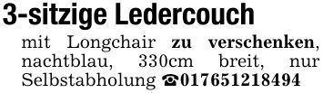 3-sitzige Ledercouchmit Longchair zu verschenken, nachtblau, 330cm breit, nur Selbstabholung _***