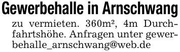 Gewerbehalle in Arnschwangzu vermieten. 360m², 4m Durchfahrtshöhe. Anfragen unter gewerbehalle_arnschwang@web.de