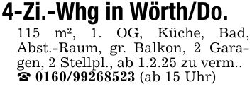 4-Zi.-Whg in Wörth/Do.115 m², 1. OG, Küche, Bad, Abst.-Raum, gr. Balkon, 2 Garagen, 2 Stellpl., ab 1.2.25 zu verm.._ *** (ab 15 Uhr)