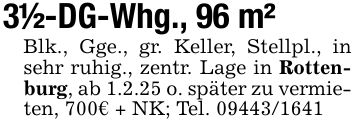 3 1/2-DG-Whg., 96 m²Blk., Gge., gr. Keller, Stellpl., in sehr ruhig., zentr. Lage in Rottenburg, ab 1.2.25 o. später zu vermieten, 700€ + NK; Tel. ***