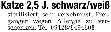 Katze 2,5 J. schwarz/weißsterilisiert, sehr verschmust, Freigänger wegen Allergie zu verschenken. Tel. ***