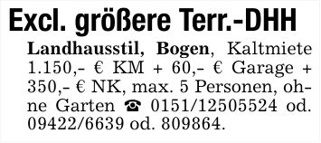 Excl. größere Terr.-DHHLandhausstil, Bogen, Kaltmiete 1.150,- € KM + 60,- € Garage + 350,- € NK, max. 5 Personen, ohne Garten _ *** od. *** od. ***.