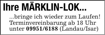 Ihre MÄRKLIN-LOK......bringe ich wieder zum Laufen!Terminvereinbarung ab 18 Uhrunter *** (Landau/Isar)