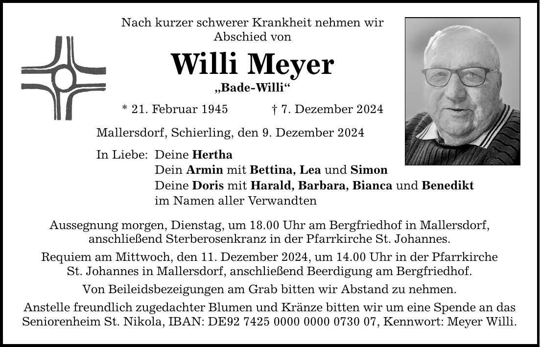 Nach kurzer schwerer Krankheit nehmen wir Abschied von Willi Meyer 