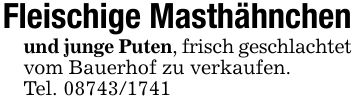 Fleischige Masthähnchenund junge Puten, frisch geschlachtetvom Bauerhof zu verkaufen.Tel. ***