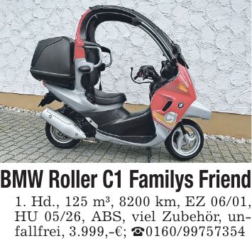 BMW Roller C1 Familys Friend 1. Hd., 125 m³, 8200 km, EZ 06/01, HU 05/26, ABS, viel Zubehör, unfallfrei, 3.999,-€; ***
