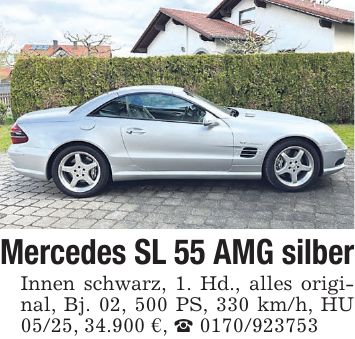 Mercedes SL 55 AMG silber Innen schwarz, 1. Hd., alles original, Bj. 02, 500 PS, 330 km/h, HU 05/25, 34.900 €, ***