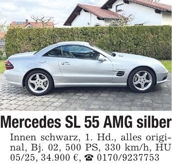 Mercedes SL 55 AMG silberInnen schwarz, 1. Hd., alles original, Bj. 02, 500 PS, 330 km/h, HU 05/25, 34.900 €, ***