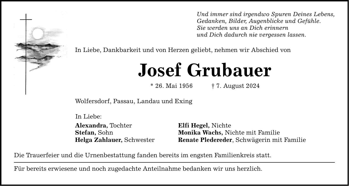 Und immer sind irgendwo Spuren Deines Lebens, Gedanken, Bilder, Augenblicke und Gefühle. Sie werden uns an Dich erinnern und Dich dadurch nie vergessen lassen. In Liebe, Dankbarkeit und von Herzen geliebt, nehmen wir Abschied von Josef Grubauer * 26. Mai 1956 7. August 2024 Wolfersdorf, Passau, Landau und Exing In Liebe: Alexandra, Tochter Elfi Hegel, Nichte Stefan, Sohn Monika Wachs, Nichte mit Familie Helga Zahlauer, Schwester Renate Pledereder, Schwägerin mit Familie Die Trauerfeier und die Urnenbestattung fanden bereits im engsten Familienkreis statt. Für bereits erwiesene und noch zugedachte Anteilnahme bedanken wir uns herzlich.