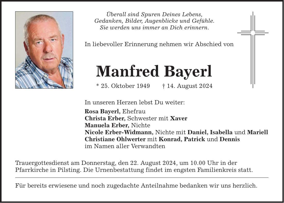 Überall sind Spuren Deines Lebens, Gedanken, Bilder, Augenblicke und Gefühle. Sie werden uns immer an Dich erinnern. In liebevoller Erinnerung nehmen wir Abschied von Manfred Bayerl * 25. Oktober ***. August 2024 In unseren Herzen lebst Du weiter: Rosa Bayerl, Ehefrau Christa Erber, Schwester mit Xaver Manuela Erber, Nichte Nicole Erber-Widmann, Nichte mit Daniel, Isabella und Mariell Christiane Ohlwerter mit Konrad, Patrick und Dennis im Namen aller Verwandten Trauergottesdienst am Donnerstag, den 22. August 2024, um 10.00 Uhr in der Pfarr­kirche in Pilsting. Die Urnenbestattung findet im engsten Familienkreis statt. Für bereits erwiesene und noch zugedachte Anteilnahme bedanken wir uns herzlich.