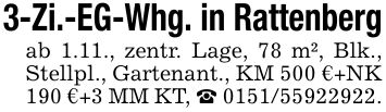 3-Zi.-EG-Whg. in Rattenbergab 1.11., zentr. Lage, 78 m², Blk., Stellpl., Gartenant., KM 500 €+NK 190 €+3 MM KT, _ ***.